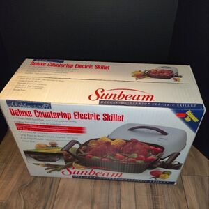 Sunbeam Countertop Cooker & Skillet 12" Deluxe Non Stick Cast Pan. Packaging has